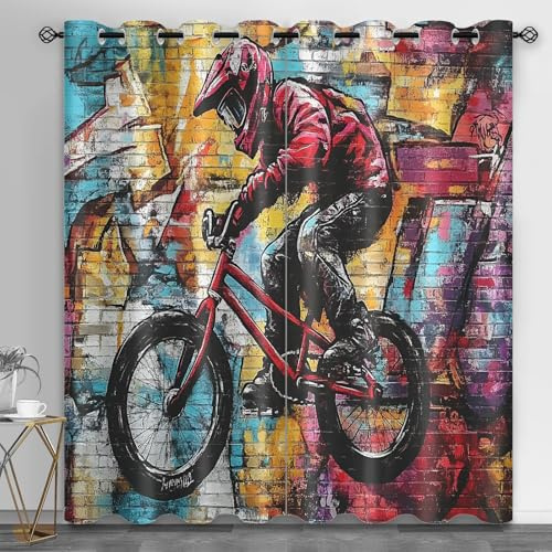 HYGIUID Street Graffiti Window Curtains, Graffiti Cool Riding Thermal Drapes Cool Bicycles Grommet Curtains for Office Conference Room, 31.5 x 72, 2 Panels