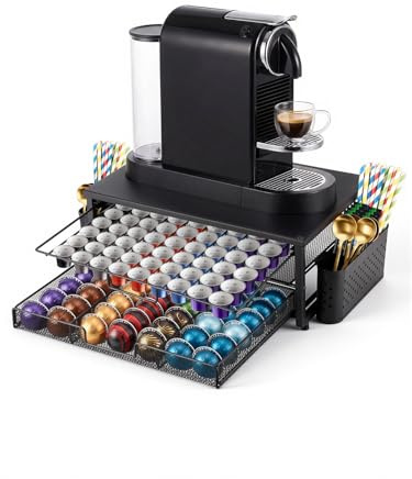 Weenkler Soporte para cápsulas de café con cajón de almacenamiento de 2 niveles – Estación de café compatible con cápsulas y máquinas Nespresso – 39,5 x 25,5 x 16,5 cm