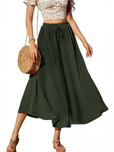 Koerye Maxi Gonna Lunga Donna Elegante Elastico Vita A-Linea Gonna Pieghettato Retro Abiti da Spiaggia Lunga Casual a Trapezio Gonne Verde,S