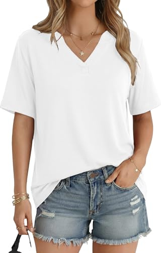 Aottori Maglietta Donna Scollo a V Maglia Manica Corta Ampia Bianco M