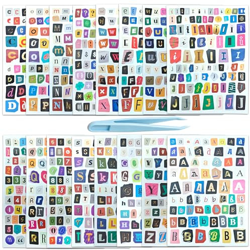 1250 Pcs Buchstaben Sticker Set with Tweezers, Vielfältige Buchstaben Aufkleber in Verschiedenen Stilen, Praktisches Scrapbook Zubehör für DIY Kunst und, Tagebuch und Album Gestaltung