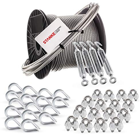 Seilwerk STANKE Cuerda de acero galvanizado en cubierta de PVC 20m, Cuerda de acero con diámetro de 4mm 6x7, 4x tensor gancho-ojo M6, 16x guardacabo, 16x abrazadera - SET 6