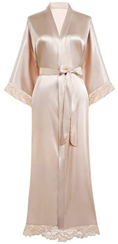 BABEYOND Satin Kimono Robe Silky Long Bridesmaid Wedding Lightweight Bath Robe with Lace Trim