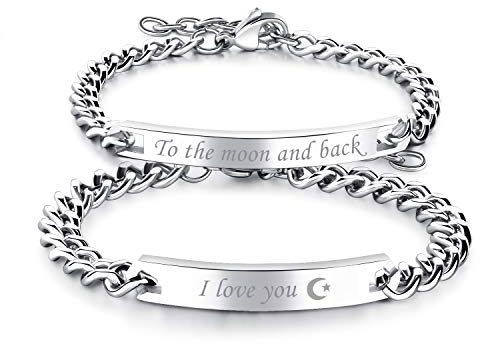 Flongo par armband ett par armband av rostfritt stål med textgravyr kärlekssvor silver partnerarmband kärlekssmycken presenter till alla hjärtans dag födelsedagar årsdagar, 16 cm, Rostfritt stål, Utan