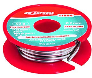 Express, 11894, Soudure Étain pour Assemblage Cuivre, Laiton, Canalisations Sanitaires (Eau Potable), 97% Étain et 3% Cuivre (Sans Plomb), 40 g, d 2 mm, Flux incorporé, Accessoire pour Fer à Souder