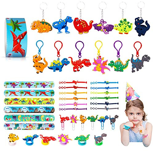 JOYUE 50 Pezzi Dinosauro Festa Compleanno Regalo, Braccialetto, Portachiavi, Tatuaggi Temporanei, Segnalibro, Braccialetti Slap, Anello di Dinosauro per Bambini Dinosaur Bomboniere Festa Compleanno
