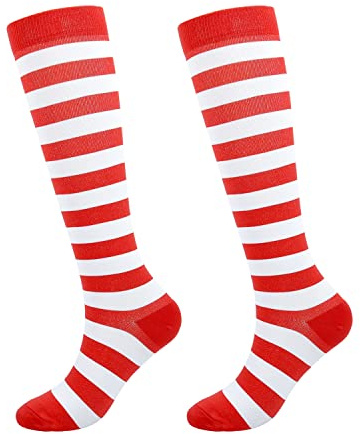 Junely Compression Socks for Women Striped Knee High Stockings for Christmas Halloween Running Athletic Nurses Pregnant Women Work Support Travel Flight Sports Gifts Red White