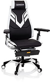 hjh OFFICE 652414 Gaming Stuhl GENIDIA Elite PRO PU Schwarz/Weiß Bürosessel ergonomisch mit Fußablage, Armlehnen klappbar