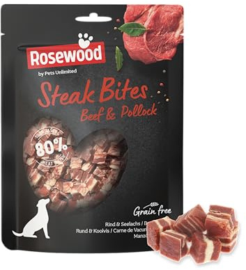 Rosewood Steak Bites Rind & Seelachs – Zarter Trainingssnack für Hunde, hoher Fleisch-/Fischanteil, ohne Getreide und Gluten, ohne künstliche Zusatzstoffe, 100 g