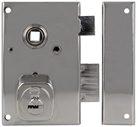 Amig - Cerradura de Sobreponer de Derecha con Palanca de Cierre, Lengüeta y Cuadradillo para Puertas de Madera Mod. 75N / 72 x 112 mm/Cilindro Redondo de Seguridad/Acero Plateado