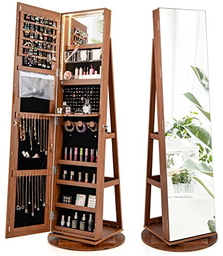 CHARMAID 360° Swivel Jewelry Armoire with Full Length Mirror, Rear Storage Shelves, Lockable Standing Jewelry Cabinet Organizer with Interior Vanity Mirror and 3-Color Lights (Walnut)