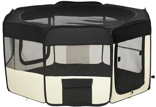 PawHut Parc enclos Pliable pour Chats et Petits Animaux octogonale en Tissu Oxford et Acier - dim. Ø 120 x 58H cm - Noir et crème