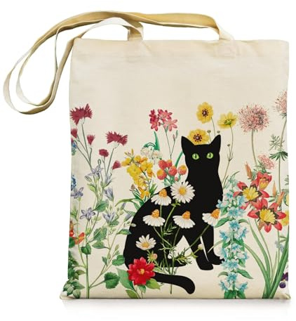 bmuvghi Black Cat Canvas Tote Bag with Zipper Pockets Vintage Flowers Cute Tote Bag Aesthetic Reusable Shopping Grocery Bags Birthday Gifts for Women