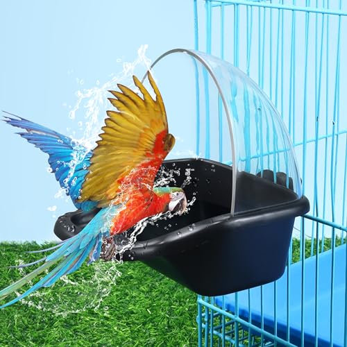 Lanfly Bird Bath Box Hanging Birdbath Toy Parakeet Caged Bathing Tubs Parrot Bath Tub Water Shower Food Feeder Holder Tray Bird Baths for Birdcages Accessory Small Budgies,Canary,Cockatiel(Black)