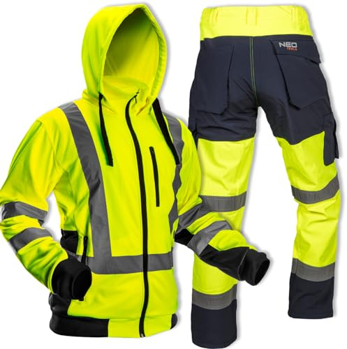 NEO TOOLS Veste de travail chaude pour homme avec bandes réfléchissantes jaune/orange ou ensemble avec pantalon imperméable, taille S (48)-XXL (56) | capuche, col montant, polaire, pull professionnel
