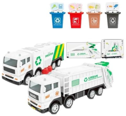 AptoFun 1:55 Müllwagen Spielzeug Set, 1X Friktionsbetriebener Müllwagen,1X Friktionsbetriebene Road Sweeper mit 4X mini Mülleimern