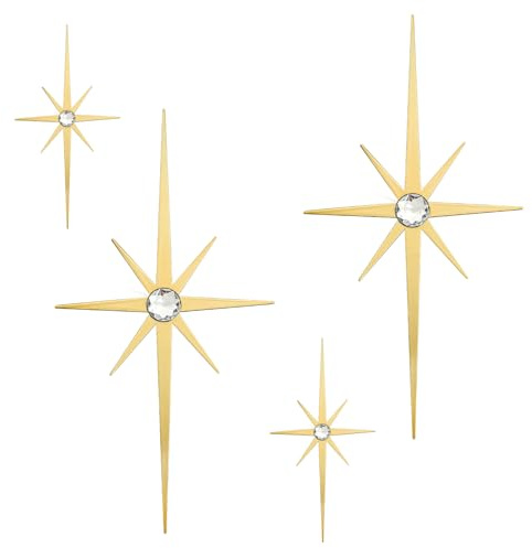 Sxnzequnze 4 Pack Metal Star Wall Art 8 Pointed Starburst Wall Decor Set with 2 Large & 2 Small Pieces Mid Century Celestial Metal Wall Sculpture for Bedroom Living Room Office Gallery Wall