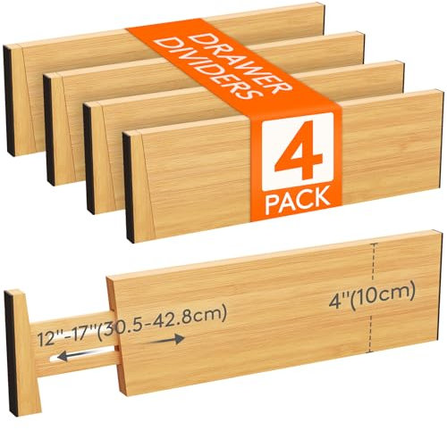 Lifewit 4 Pack Bamboo Drawer Dividers 4 High, 12-17 Adjustable Drawer Organisers for Clothes, Expandable Dresser Separators in Bedroom/Bathroom/Kitchen/Office Organization and Storage