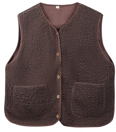 Risipu Women's Sherpa Vest Casual Warm Fuzzy Faux Shearling Vest Sleeveless Fleece Jacket Pockets Teddy Coat Gilet for Winter (UK, Alpha, S, Regular, Regular, Brown)