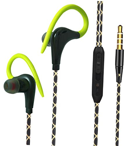 Auriculares deportivos con cable jack de 3,5 mm con gancho sobre la oreja para correr, gimnasio, color verde, 1,2 m