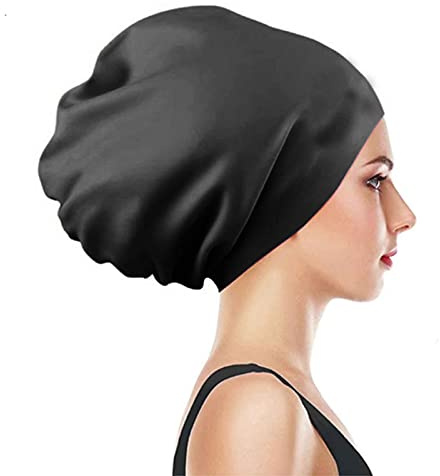 Kalamakala Bonnet de Bain Silicone Noir Grande Taille, Bonnet Natation Étanche Adulte, Confort Anti-Glisse Idéal pour Cheveux Longs Bouclés Grandes Ondules, Accessoire Piscine Bain Souple et Durable