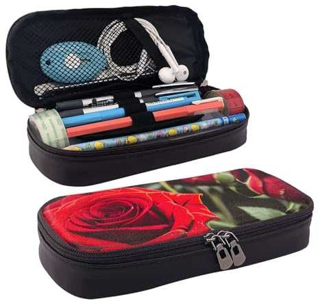 FSCEV Wine and Red Rose Leather Pencil Case Stationery Portable Multifunctional Storage Bag Academy Supplies