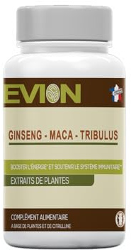 EVION - Maca - Ginseng & Tribulus - Complément alimentaire, BOOSTER L'ÉNERGIE ET SOUTENIR LE SYSTÈME IMMUNITAIRE - 60 Gélules de 395mg