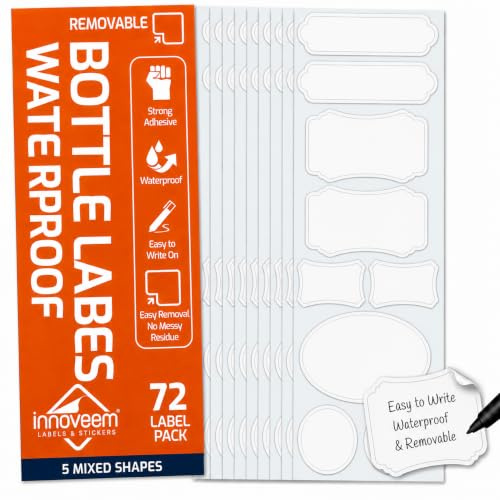 Innoveem Waterproof Labels for Bottles & Jars, Removable Stickers 72 Pack | Self adhesive writable stickers for travel & toiletry bottles, pantry jars, baby & water bottles and storage containers