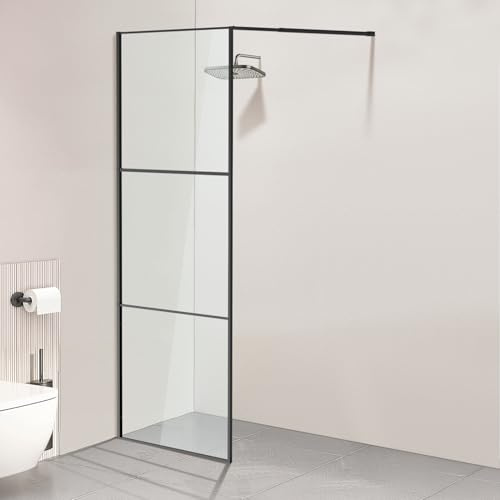 Jaxguom Walk-In Duschvägg på 80×200 cm, svart, 5 mm ESG-säkerhetsglas med aluminiumfullram, 0–10 mm justeringsområde, vänster/högermonterad duschavskiljare