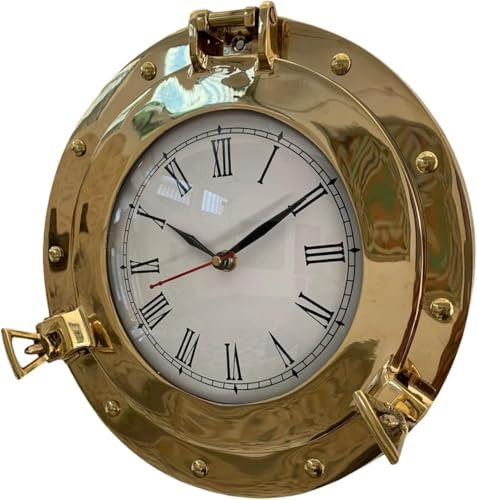 Orologio da parete a forma di oblò con finitura in ottone nautico da 30,5 cm, decorazione marina vintage, decorazione a batteria, movimento nautico, finitura in ottone, orologio da parete al quarzo