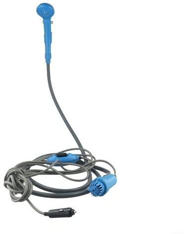 Bomba de ducha eléctrica portátil de 12 V CC para acampar y senderismo, flujo de agua ajustable, incluye soporte para cabezal de ducha, ventosa y bolsa de almacenamiento