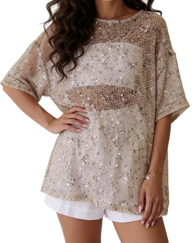 Aonoapll Women Sequin Crochet Sheer T Shirt Short Sleeve Oversized Sparkly Knit Tops Y2k Glitter See Through Cover Up