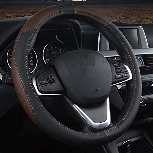 coofig Leather Car Steering Wheel Covers Universal 37-38cm /15inch Breathable Anti-slip Protector Interior Accessories for Auto/Truck/SUV/Van for Men Women (Black coffee)