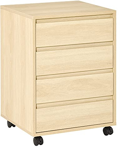 HOMCOM Caisson de Bureau, Rangement Bureau sur Roulettes, 4 Tiroirs Coulissants en Bois, Naturel