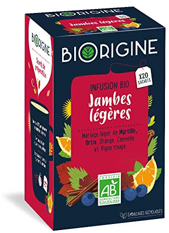 BiOrigine – Infusion bio Jambes légères – Myrtille, Ortie, Orange, Cannelle & Vigne rouge – Ingrédients d'origine naturelle – 20 sachets