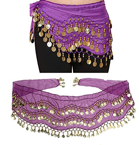 RUITASA Belly Dance Hip Scarf, Belly Dancing Belts, Belly Dancing Skirt Hip Scarves with Dangling Gold Coins for Performance Costume(Purple)