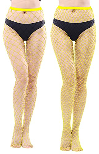 Morices Yellow Fishnet Tights for Women, 2 Pairs Sex High Waisted Fishnet Stockings, Ladies Fish Net Tights Pantyhose for Party Performance Costumes