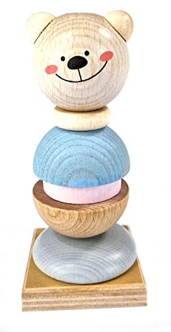 Hess Holzspielzeug 14978 - Gioco di impilamento in Legno, Motivo Orsetto, Fatto a Mano, per Bambini dai 3 Anni, Torre con Anelli e Testa a Sfera