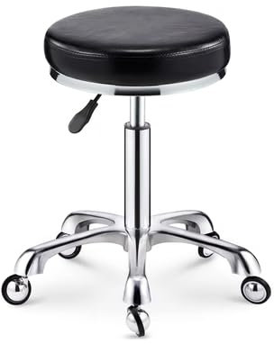 FAJOS Schwerlast-Arbeitshocker, höhenverstellbar, belastbar bis 200 kg, PU-Leder, runder Rollhocker, Drehstuhl, Salon, Friseurhocker mit Rädern, die (Farbe: Schwarz)