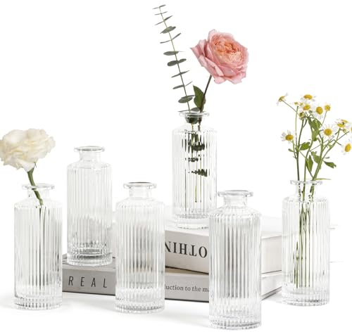 ComSaf Small Vases for Flowers Mini Clear Glass Bud Vases in Bulk, 5.2 inch Tall Mini Flower Vase, Vases for Centerpiece, Ribbed Vase, Wedding Table Ceterpiece, Home Decor, Housewarming Gift (Clear)