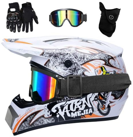 Jeunesse Enfant VTT Casque Motocross, avec Lunettes Masque Gants, Intégral MTB Hors Route Enduro Karting Casque de Moto, Unisexe BMX Courses Quad Dirt Bike Crash Casque ( Color : U , Size : S/52-53CM