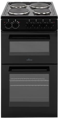 Willow WE50TSB 62L Freestanding Electric Cooker, 50cm Wide Twin Cavity Cooker with Solid 4 Plate Hob, 31L Capacity Grill Cavity, 2 Year Warranty - Black