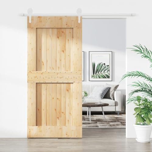Baziroo Schiebetür mit Beschlag Weiß 100x3,6x210 cm Massives Kiefernholz und Stahl Wooden Door Sliding Door Schibetür Wohnzimmertuer Zimmertür Holz Zimmertüren Scheunentor Holztuer Innentüren