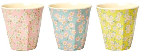 ReWu Rice Melamin Becherset Blumenmuster Medium 3er-Set Trinkbecher Becher für Kinder BPA-frei Blumen Camping BBQ Outdoor Kaffebecher Bunt 250 ml