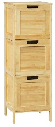 EUGAD Badezimmerschrank schmal, Badschrank mit 3 abnehmbaren Schubladen, Aufbewahrungsschrank stehend, Eckschrank Mehrzweckschrank, aus Bambus, Naturfarbe, 30x90x30 cm