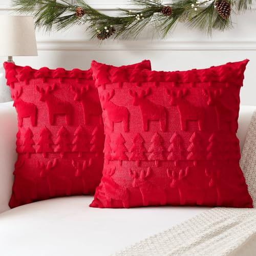 Artscope Kuddfodral för jul, 2-pack, mjuk sammetsplysch i kort ull, dekorativa, fyrkantiga, kuddöverdrag till prydnadskudde, lyxstil, för soffa, sovrum, julgran och älg, rött, 40 x 40 cm