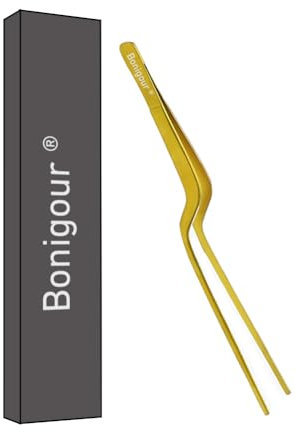 Bonigour Pinzette di precisione da 20,3 cm, pinze da cucina in acciaio inox, curve, multifunzione, pinzette di precisione per placcatura, decorazione di alimenti ed ecc. (oro)