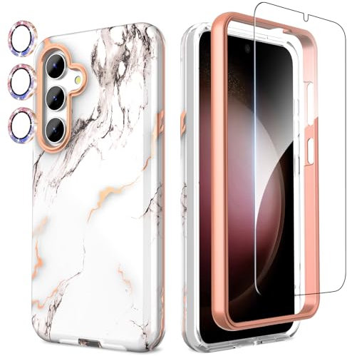 SHEDEER 4-in-1 Samsung S25 Case with Screen Protector + Bumper & Camera Protector | Military-Grade Shockproof 360° Protection, Samsung Galaxy S25 Case Glossy Fade-Resistant Pattern Design (Marble)