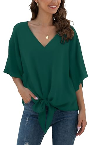 Anelune Ladies' Chiffon Blouses Short Sleeves Summer Tops | V-Neck, Tie Front, Batwing Sleeves, Loose Casual, for Women UK, T-Shirts