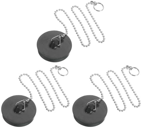 uxcell 3Pcs 1.77 Bathtub Drain Stopper, Universal Rubber Sink Cover Plug with 15 Chain, Drain Cover Strainer Blocker for Home Bathroom Tub and Kitchen Sink, Black